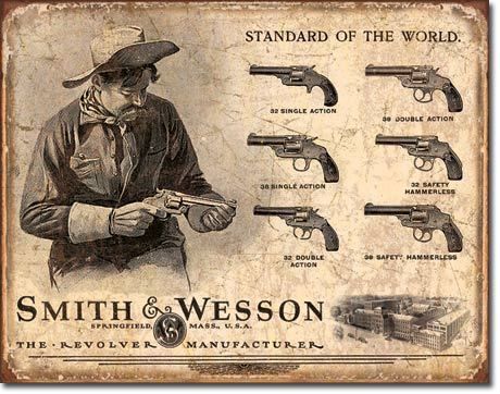   Revolver TIN SIGN vtg gun western rustic metal wall decor ad 1743