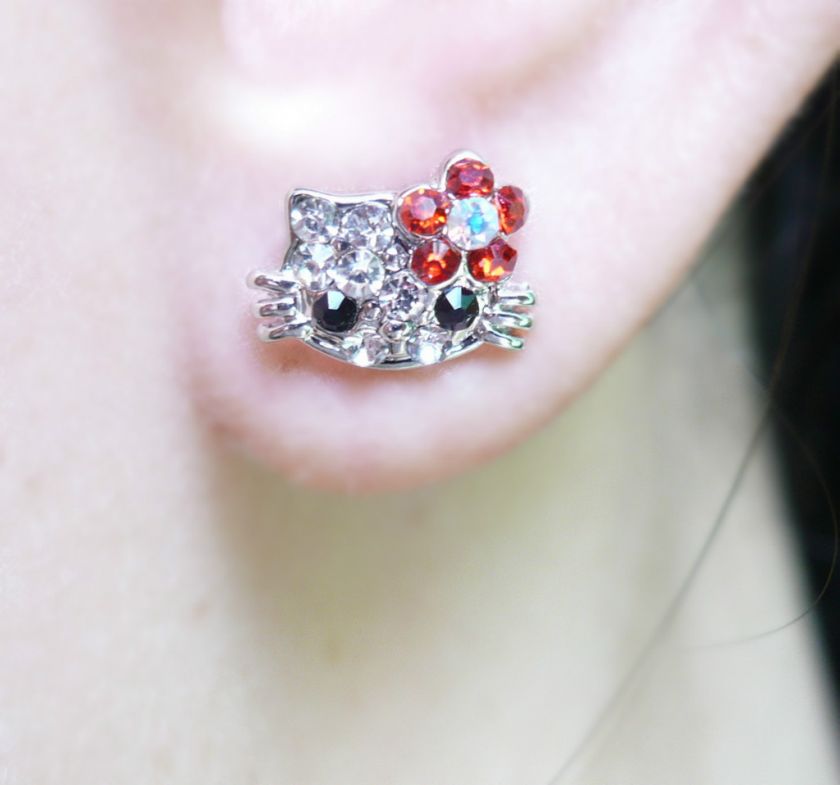 Hello Kitty Crystal Bling Earring Earbob Stud Mini Size In Gift Box 