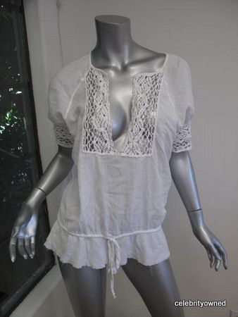 Joie White Crochet Trim Oversized Drawstring Waist Blouse S  