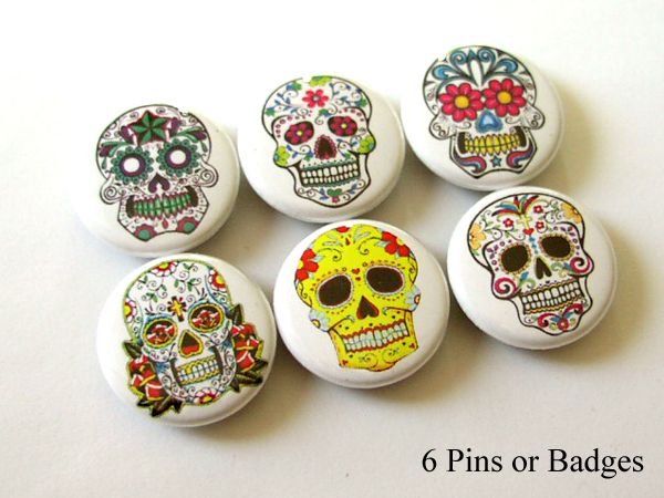 Day of the Dead Skulls 1 Pins Badges or Magnets Set  