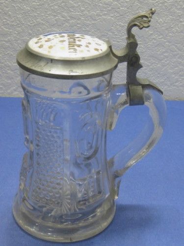 Antique Circa 1880   1910 German Glass & Pewter Beer Stein Vintage 
