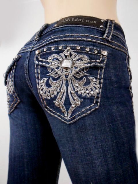 Women LA Idol Skinny Jeans Crystal Fleur De Lis Jewel Flap Pocket 