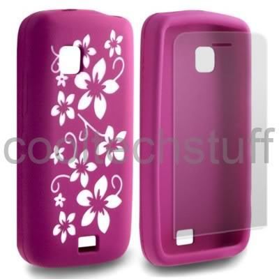 FOR NOKIA C5 03 HOT PINK FLOWER SILICONE GEL SKIN CASE COVER + SCREEN 