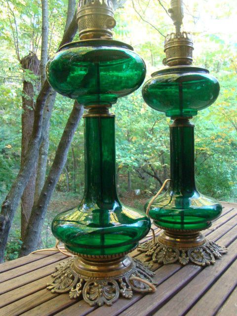 PAUL HANSON FOREST GREEN GLASS BANQUET TABLE LAMPS Mid Century 
