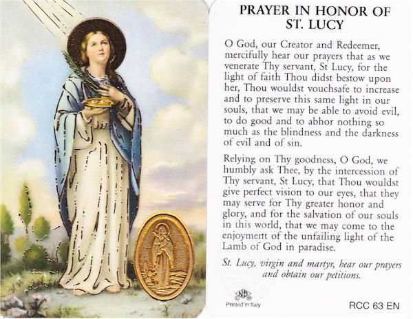 Prayer In Honor of St. Lucy   Laminated Wallet Size Prayer Card