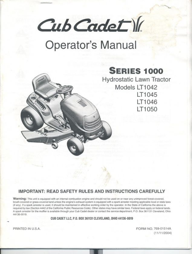 Cub Cadet Operators Manual Series 1000 LT1042 LT1050 +  