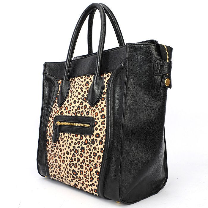   Leopard PU Leather Luxury fur Luggage Tote Smile Bag Handbag  